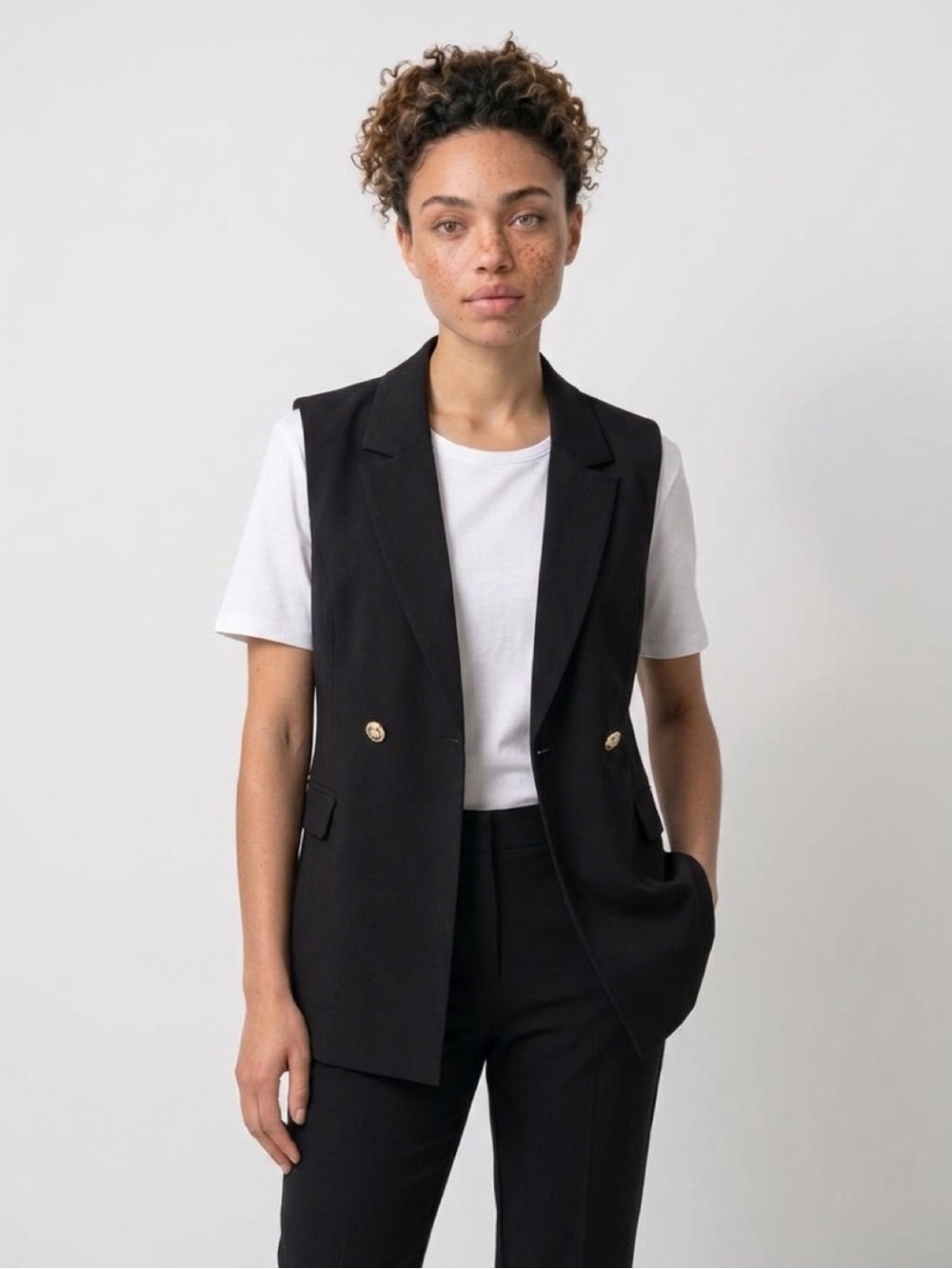 Studio Black Double-Breasted Sleeveless Blazer Vest